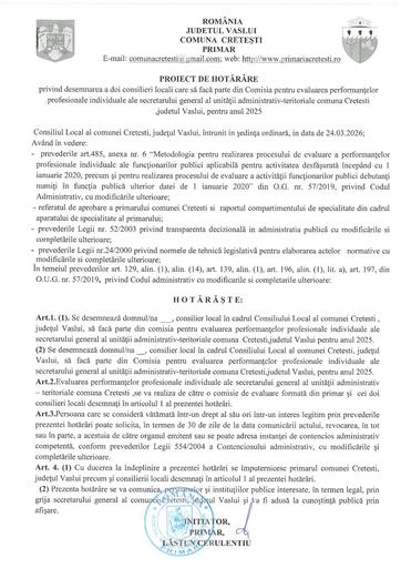 PHCL desemnare doi consilieri locali pentru comisie evaluare secretar comuna